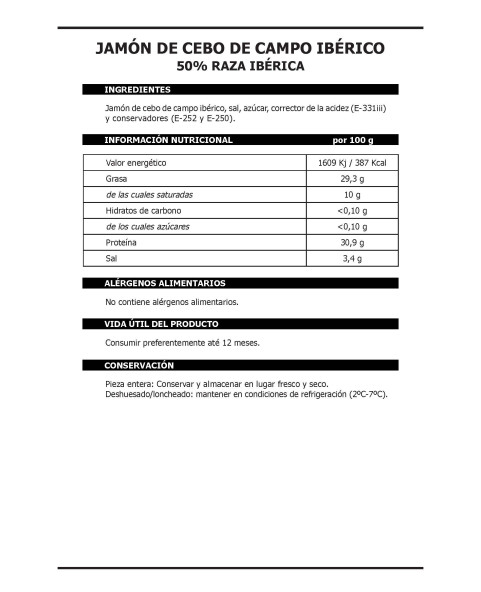 Jamón de Cebo de Campo Ibérico 50% Raza Ibérica Etiqueta Verde Cortado a Cuchillo 100 GRS-2