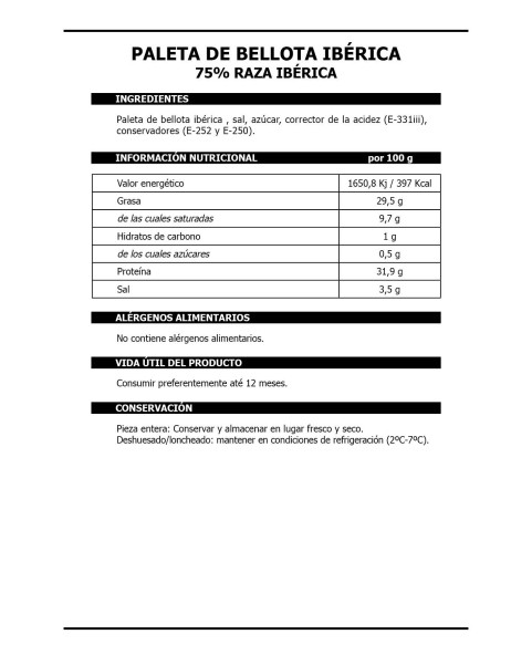 Paleta de Bellota Ibérica 75% Raza Ibérica Selección D.O. Guijuelo DESHUESADA-1